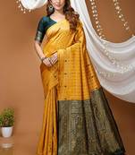 mustard yellow silk blend jacquard weaving saree with matching blouse