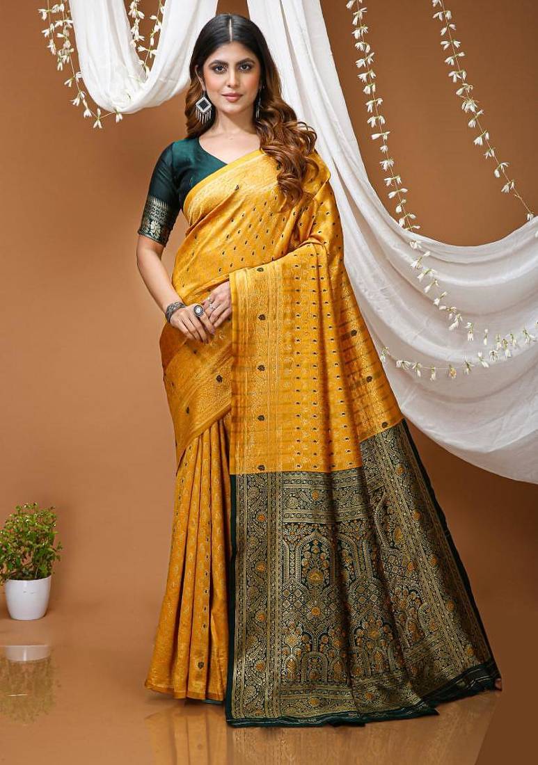 mustard yellow silk blend jacquard weaving saree with matching blouse