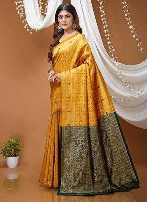 mustard yellow silk blend jacquard weaving saree with matching blouse 2