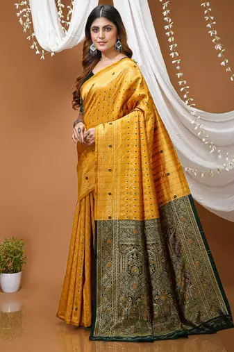mustard yellow silk blend jacquard weaving saree with matching blouse