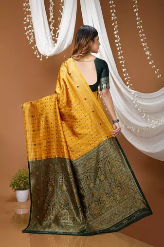 mustard yellow silk blend jacquard weaving saree with matching blouse