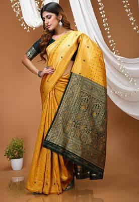 mustard yellow silk blend jacquard weaving saree with matching blouse 4
