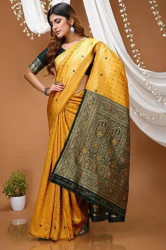 mustard yellow silk blend jacquard weaving saree with matching blouse