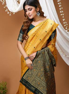 mustard yellow silk blend jacquard weaving saree with matching blouse 5