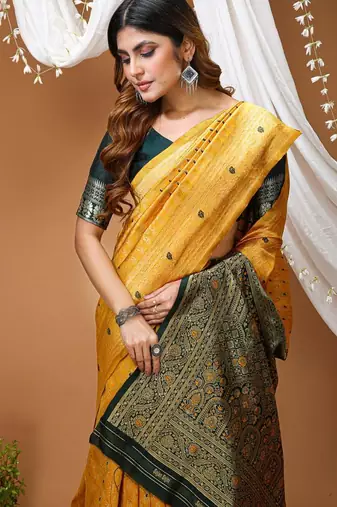mustard yellow silk blend jacquard weaving saree with matching blouse