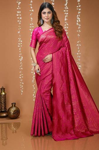 pink silk blend jacquard weaving saree with matching blouse