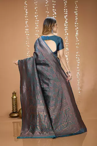 teal blue silk blend jacquard weaving saree with matching blouse