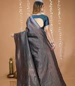 teal blue silk blend jacquard weaving saree with matching blouse