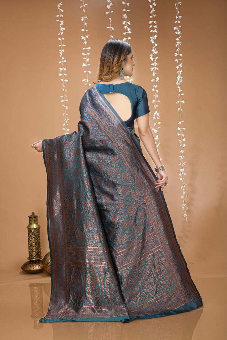 teal blue silk blend jacquard weaving saree with matching blouse