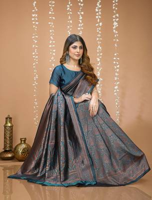 teal blue silk blend jacquard weaving saree with matching blouse 2