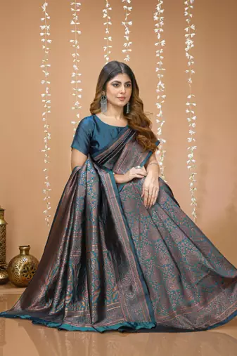 teal blue silk blend jacquard weaving saree with matching blouse