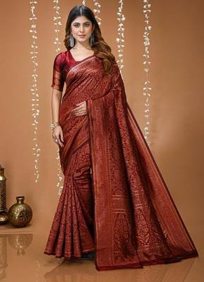maroon silk blend jacquard weaving saree with matching blouse 1