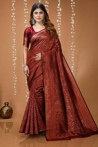 maroon silk blend jacquard weaving saree with matching blouse