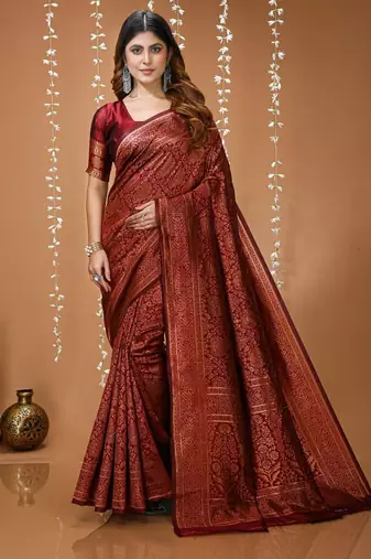 maroon silk blend jacquard weaving saree with matching blouse