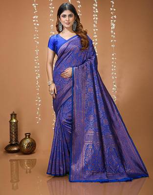 blue silk blend jacquard weaving saree with matching blouse 1