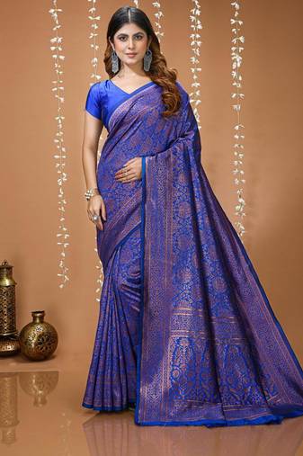 blue silk blend jacquard weaving saree with matching blouse