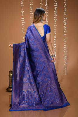blue silk blend jacquard weaving saree with matching blouse 2