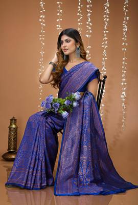blue silk blend jacquard weaving saree with matching blouse 3
