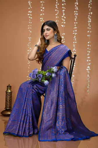 blue silk blend jacquard weaving saree with matching blouse