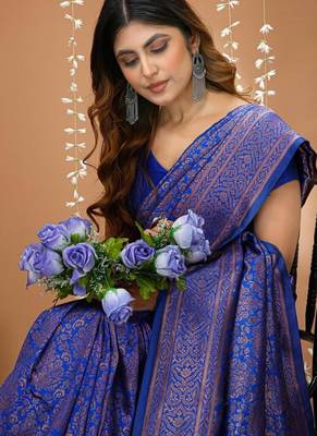blue silk blend jacquard weaving saree with matching blouse 4