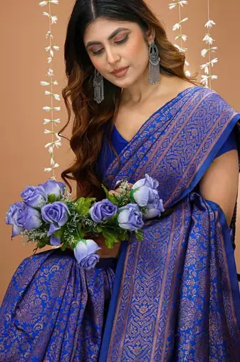 blue silk blend jacquard weaving saree with matching blouse