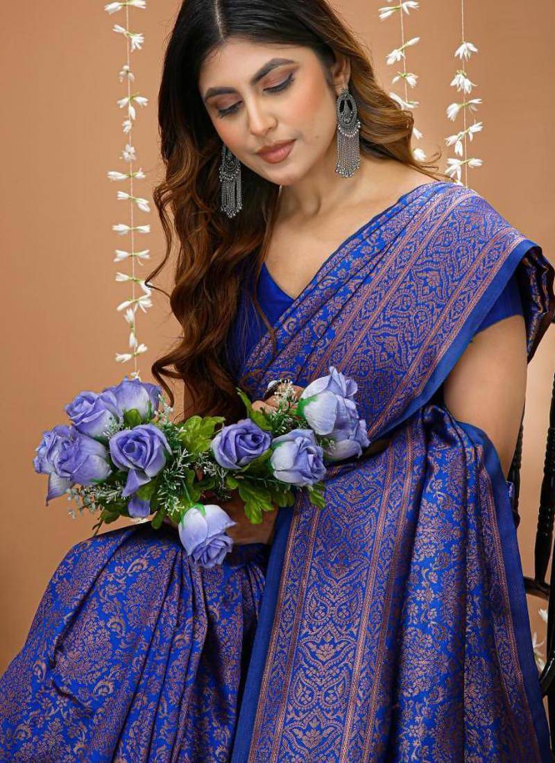 blue silk blend jacquard weaving saree with matching blouse