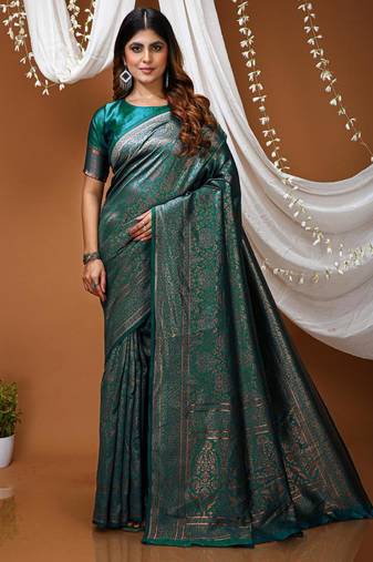 green silk blend jacquard weaving saree with matching blouse