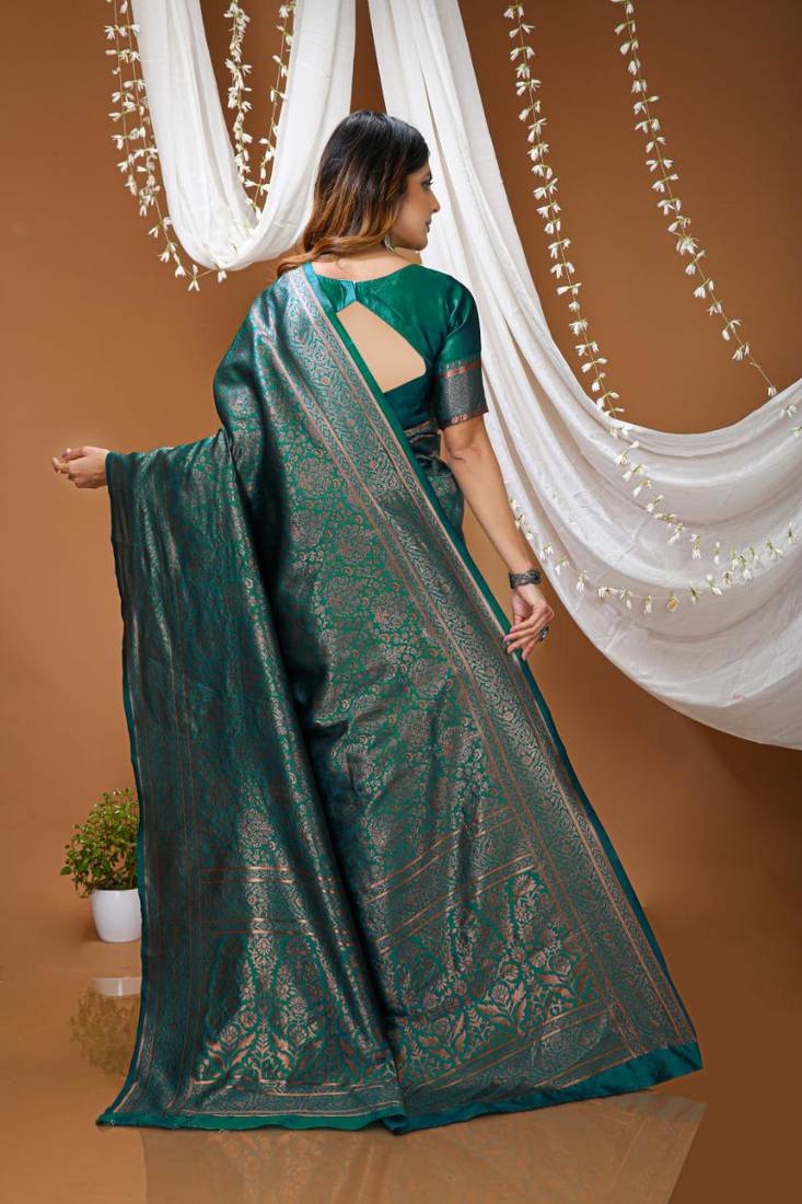 green silk blend jacquard weaving saree with matching blouse