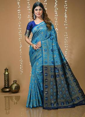 sky blue silk blend jacquard weaving saree with matching blouse 1