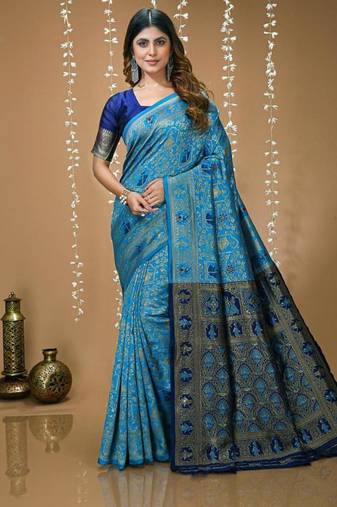sky blue silk blend jacquard weaving saree with matching blouse
