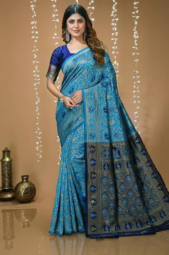 sky blue silk blend jacquard weaving saree with matching blouse