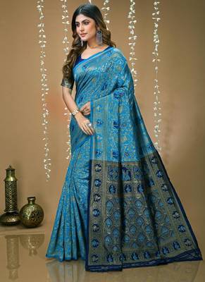 sky blue silk blend jacquard weaving saree with matching blouse 2