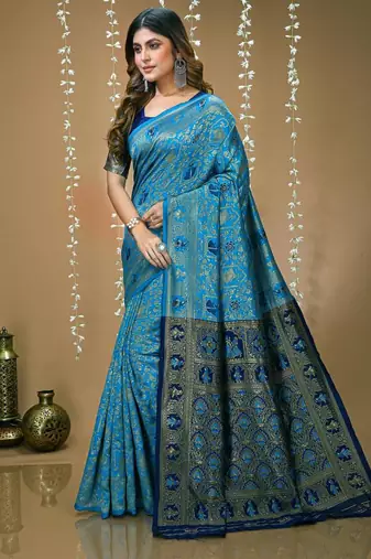 sky blue silk blend jacquard weaving saree with matching blouse