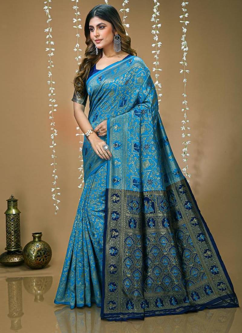 sky blue silk blend jacquard weaving saree with matching blouse