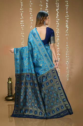 sky blue silk blend jacquard weaving saree with matching blouse