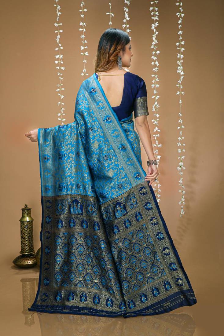 sky blue silk blend jacquard weaving saree with matching blouse