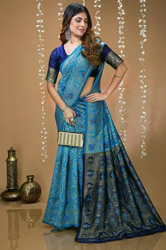 sky blue silk blend jacquard weaving saree with matching blouse