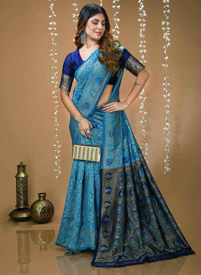 sky blue silk blend jacquard weaving saree with matching blouse