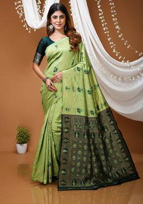 pista green silk blend jacquard weaving saree with matching blouse 1