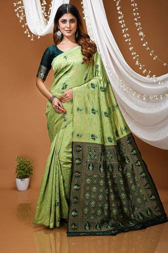 pista green silk blend jacquard weaving saree with matching blouse