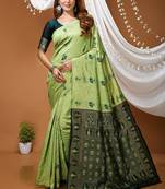 pista green silk blend jacquard weaving saree with matching blouse