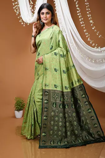 pista green silk blend jacquard weaving saree with matching blouse