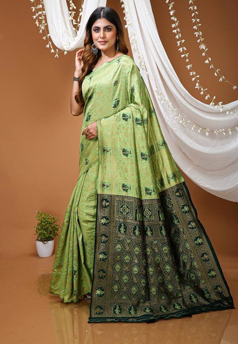 pista green silk blend jacquard weaving saree with matching blouse