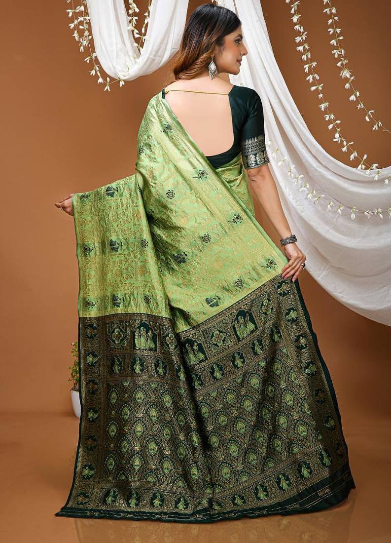 pista green silk blend jacquard weaving saree with matching blouse