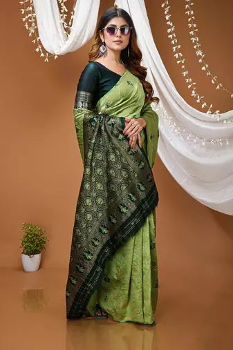 pista green silk blend jacquard weaving saree with matching blouse