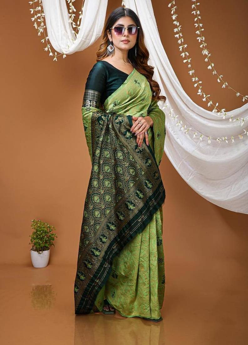 pista green silk blend jacquard weaving saree with matching blouse