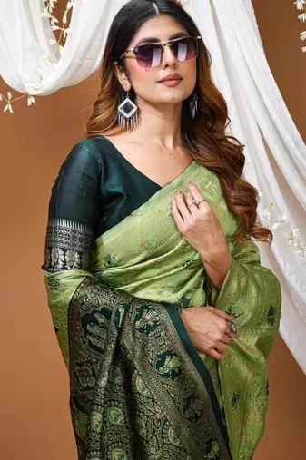 pista green silk blend jacquard weaving saree with matching blouse