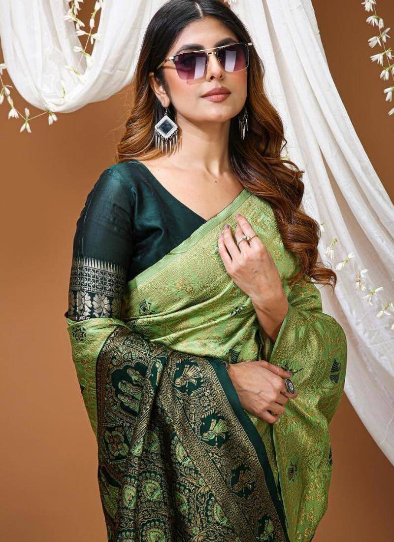 pista green silk blend jacquard weaving saree with matching blouse