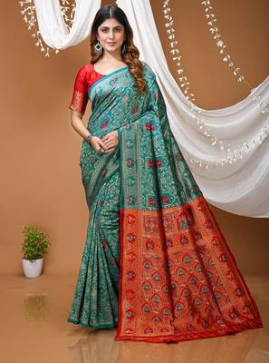 sea green silk blend jacquard weaving saree with matching blouse 1