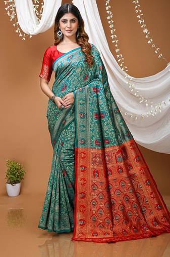 sea green silk blend jacquard weaving saree with matching blouse